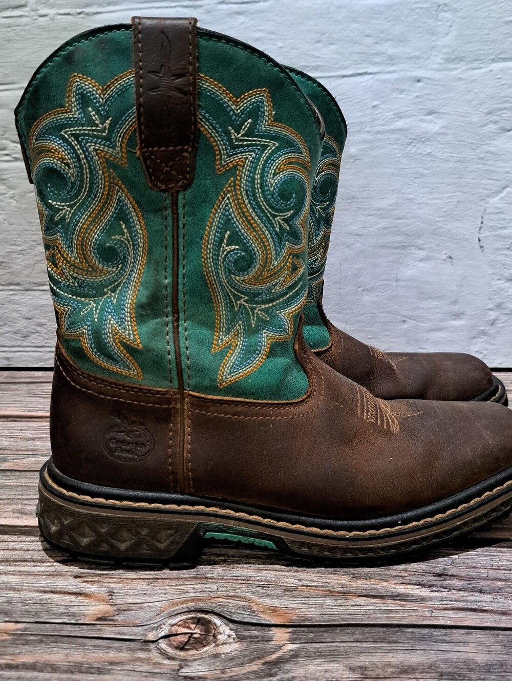 Georgia BOOTS Brown Leather Western Boot with Teal Stitch Accent Size 2.5